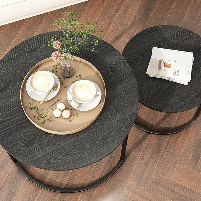 Round Coffee Table Set of 2 End Tables for Living Room,Black Coffee Table Nesting Tables,Living Room Table Wooden Accent Furniture Metal Frame,Sturdy Stacking Side Tables,Easy Assembly - LeafyLoom