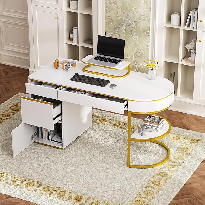 NicBex Laik-DW-00036-DX Desks, 60" W x 26.1" D x 31.9" H, Gold+White - LeafyLoom