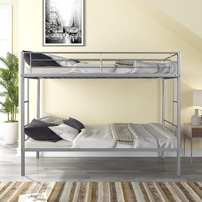 Metal Twin over Twin Bunk Bed,Heavy-duty Sturdy Metal-bed,Noise Reduced Design, 2 Side Ladders, Safety Guardrail,CPC Certified,No Box Spring Needed,Bedroom Furniture,Silver - LeafyLoom