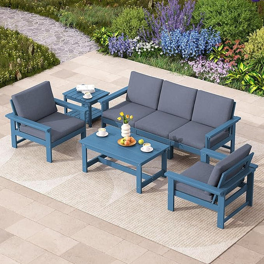 SERWALL HDPE Patio Coversation Set, 7-piece Outdoor Sectional Sofa Set, All Weather Patio Couch Set Patio Furniture for Balcony, Deck, Navy Frame with Grey Cushion - LeafyLoom