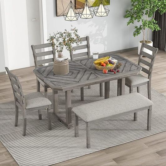 Kitchen Chair 6-Piece Rubber Dining Table Set with Beautiful Grain Pattern Tabletop Solid Wood Veneer and Soft Cushion, Gray, OneSize - LeafyLoom