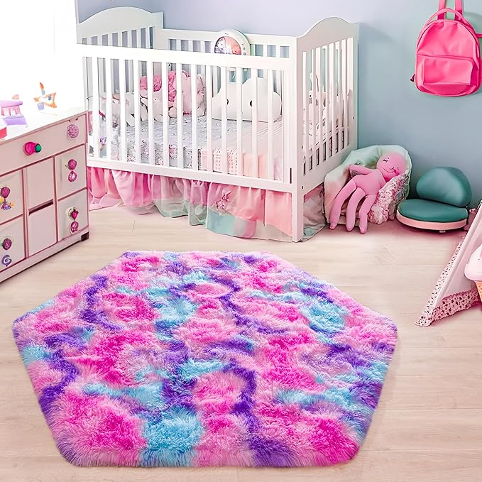 junovo Ultra Soft Hexagon Rug Fluffy Rainbow Nursery Rug for Princess Tent Kids Play Castle, Furry Hexagonal Carpet for Kids Girls Room Playhouse Classroom Dorm Home Decor, 4.6ft Tie-Dye Hot-Pink - LeafyLoom