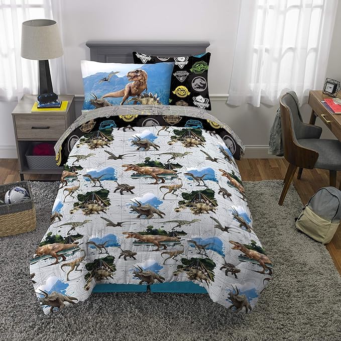 Franco Kids Bedding Super Soft Comforter and Sheet Set with Sham, 5 Piece Twin Size, Jurassic World,6A1348 - LeafyLoom