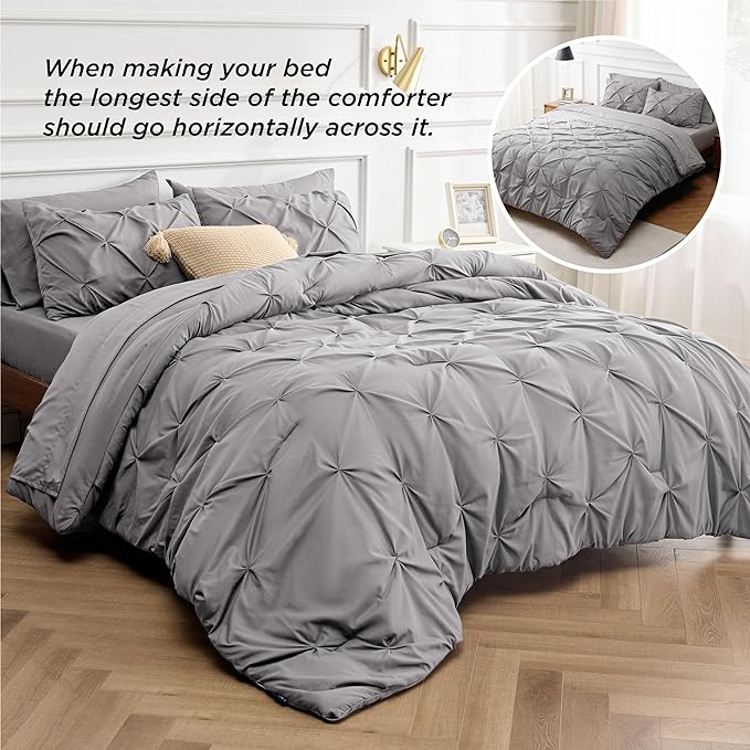 Bedsure California King Comforter Set - Cal King Bed Set 7 Pieces, Pinch Pleat Grey Cali King Bedding Set with Comforter, Sheets, Pillowcases & Shams - LeafyLoom