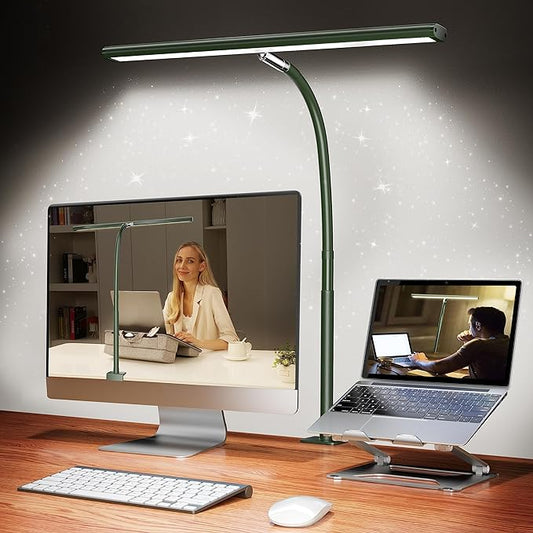 LED Desk Lamp for Office Home, Eye-Caring Desk Light with Stepless Dimming Adjustable Flexible Gooseneck, 10W USB Adapter Desk Lamp with Clamp for Reading, Study, Workbench (Green) - LeafyLoom