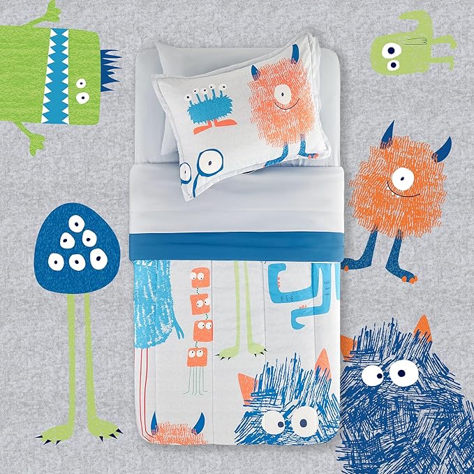 SLEEP ZONE Kids Bedding Comforter Set Full/Queen Size - Super Cute & Soft Kids Bedding 7 Pieces Set with Comforter, Sheet, Pillowcase & Sham (Monster) - LeafyLoom