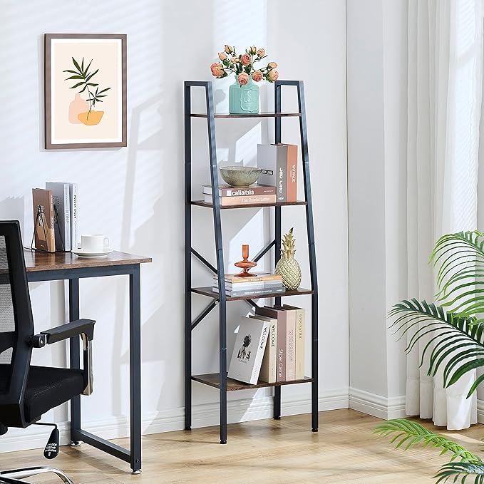 Hoctieon Ladder Shelf Bookcase, 4-Tier Industrial Tall Ladder Bookshelf with Metal Frame for Living Room, Kitchen, Home Office, Bedroom, Rustic Brown - LeafyLoom