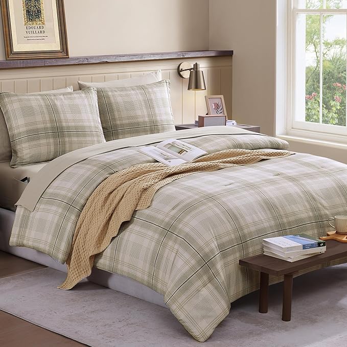 Beige Twin Comforter Set, Khaki Green Plaid Twin XL Comforter Set for Boys & Girls,Classic Homestead-style Twin Bed Set with Sheets and Comforter Set - LeafyLoom