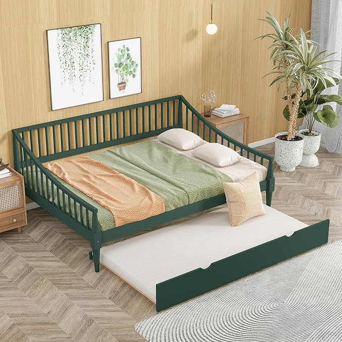 Full Size Daybed with Hideaway Trundle and Support Legs,Multi-functional Wood Bed Frame,W/Rails Three Sides,Easy to Assemble,for Bedroom,Living Room,Apartment,Green - LeafyLoom