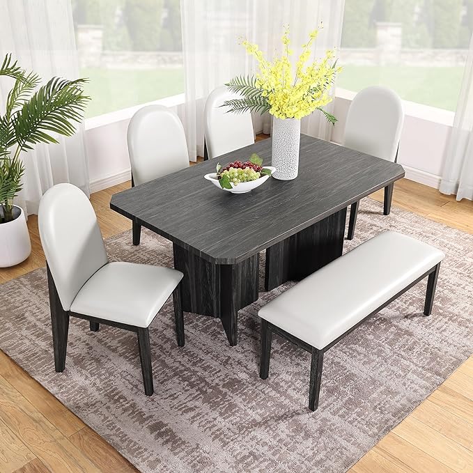 Modern 6-Piece, Including 60-inch Table, 4 Upholstered Chairs and Bench, Solid Wood Dining Set for Kitchen, Living Room, Apartment, Farmhouse, Black+White - LeafyLoom