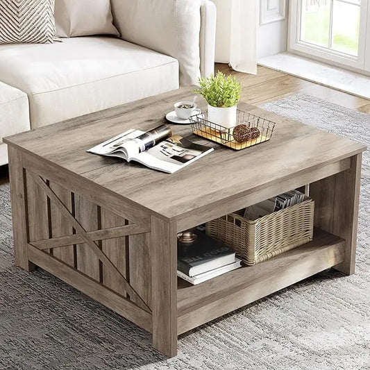 YITAHOME Coffee Table Farmhouse Coffee Table with Storage Rustic Wood Cocktail Table,Square Coffee Table for Living Meeting Room with Half Open Storage Compartment, Rustic Grey - LeafyLoom