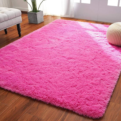 Softlife Ultra Soft Fluffy Area Rugs for Bedroom, Girls and Boys Room Kids Room Nursery Rug, 4 x 5.3 Feet Shaggy Fur Indoor Plush Modern Floor Carpet for Living Room Christmas Decor, Hot Pink - LeafyLoom