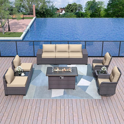 Patio Furniture Sectional Sofa Set 10-Pieces PE Rattan Swivel Rocking Chairs Outdoor Furniture Set w/43in Gas Fire Pit Table, Patio Conversation with 55000 BTU Propane Fire Pit, Sand - LeafyLoom