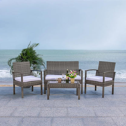 SAFAVIEH Outdoor Collection Bassey Grey Brown/White Cushion 4-Piece Conversation Patio Set PAT7507C - LeafyLoom