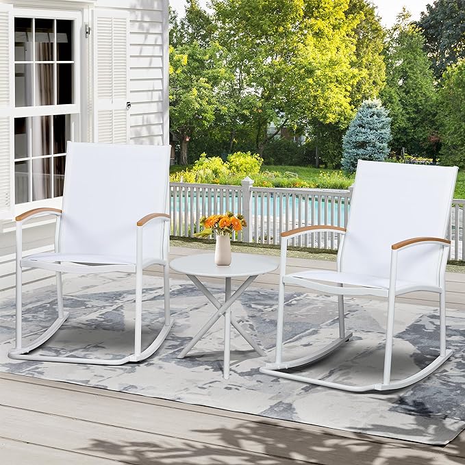 Shintenchi 3 Piece Outdoor Rocking Bistro Set, Textilene Fabric Small Patio Furniture Set, Front Porch Rocker Chairs Conversation Set with Table for Lawn, Garden, Balcony, Poolside (White) - LeafyLoom