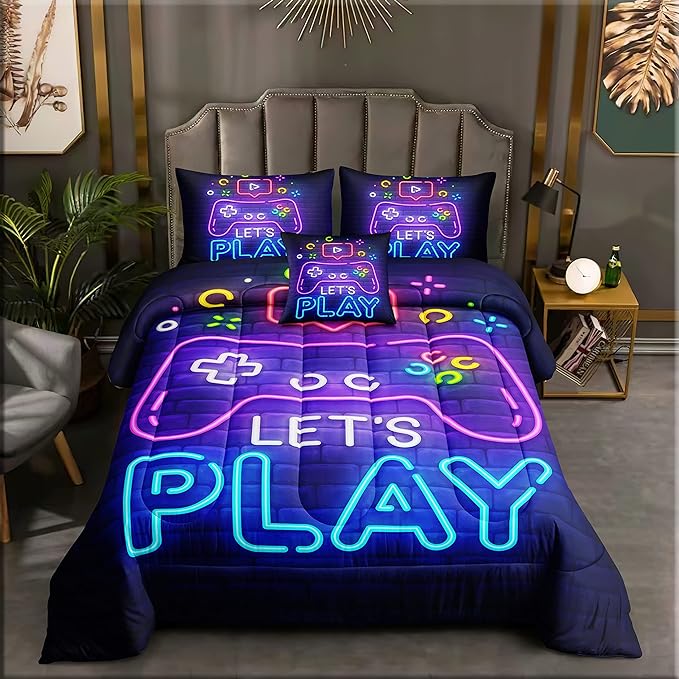 6 Pieces Gamer Bedding Set for Boys Gaming Comforter Queen Size, Game Controller Comforter for Teen 3D Gamepad Microfiber 6 Piece Bed in A Bag Kids Bedding Sets with Sheets,DJT H5030 Queen - LeafyLoom