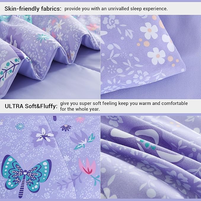 Mooreeke Bed in a Bag for Kids Girls Teens, 8 Pieces Full Size Comforter Bed Set with Shams, Sheet Set and Decorative Toy Pillow, Butterfly Purple Super Soft Microfiber Kids Comforter Bedding Set - LeafyLoom