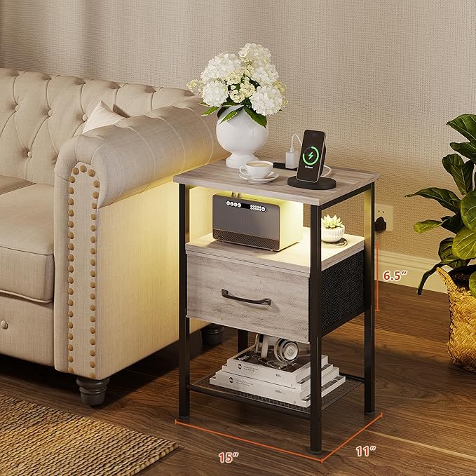 Night Stand Set 2, End Table with Charging Station, LED Bedside Table with Fabric Drawer for Bedroom, 3-Tier Side Table with Open Shelf, Greige - LeafyLoom