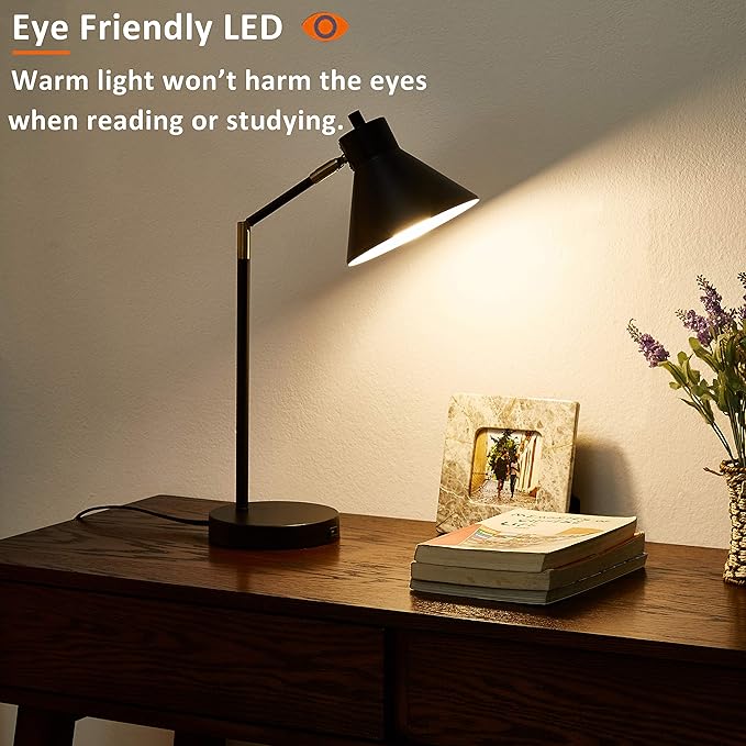 LED Desk Lamp with USB Charging Port, 100% Metal Lamp, 270° Flexible Swivel Arms, Soft White LED Reading Light (2700K), Bedside Reading Lamp, Office Lamp, Table Lamp, UL Listed (Black) - LeafyLoom