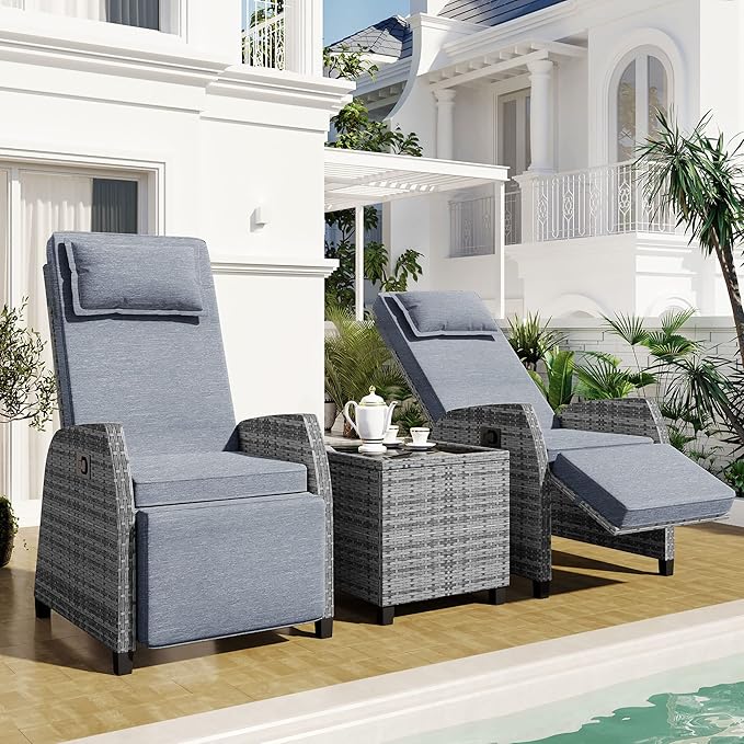 Patio Furniture Sets 3 Piece Outdoor, PE Wicker Rattan 2-Person ConversationSets with Adjustable Backrest Recliner Lounge Chairs and Coffee Table, Comforty Cushions, for Lawn Balcony, Gray - LeafyLoom