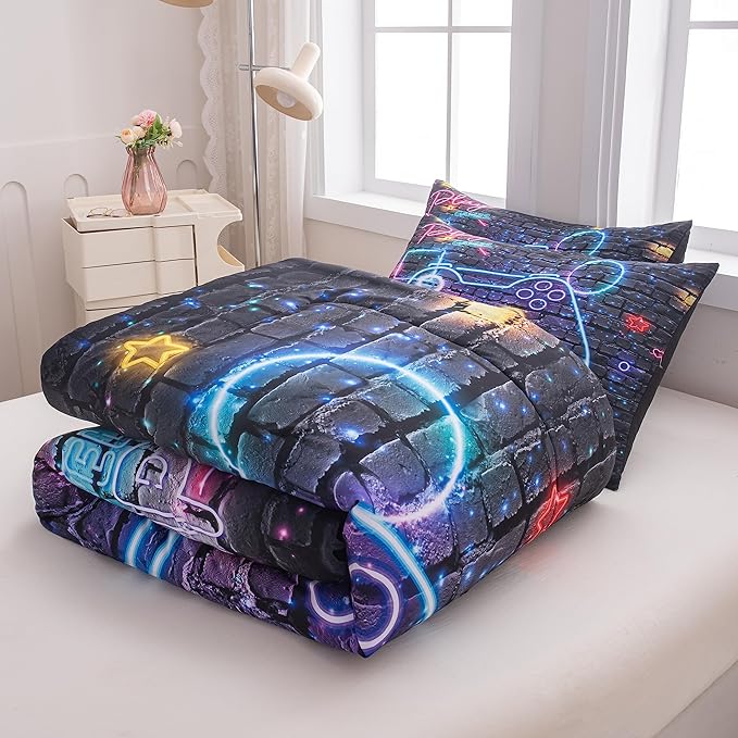 NINENINE Gaming Bedding Sets for Boys 5PCS Queen Size Comforter Gamer Contoller Video Bed in A Bag Kids Teens Black Bedding Comforter Sheet Set(1Comforter, 1Flat Sheet, 1Fitted Sheet, 2Pillowcases) - LeafyLoom