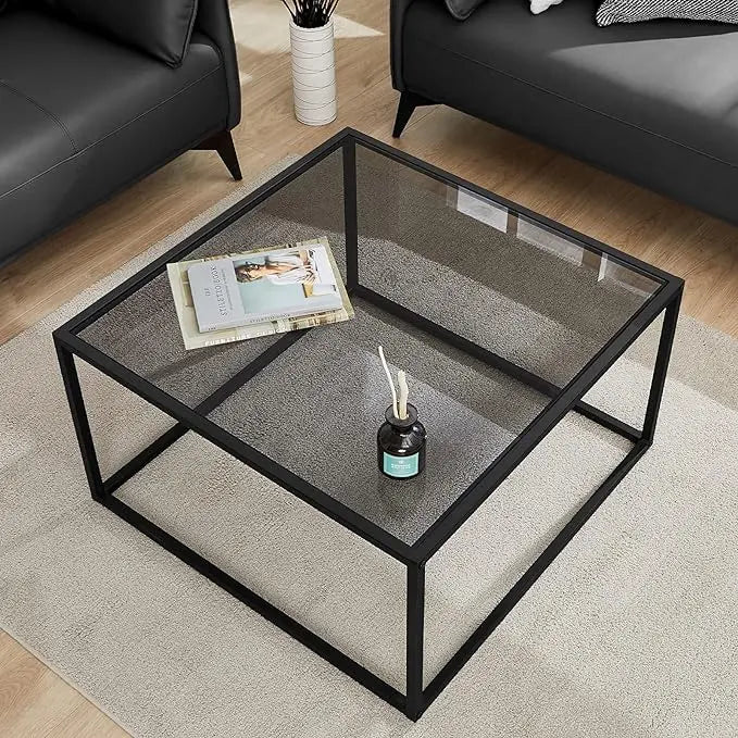 SAYGOER Glass Coffee Table, Small Modern Coffee Table Square Simple Center Tables for Living Room 26.7 x 26.7 x 15.7 Inches, Gray Black - LeafyLoom