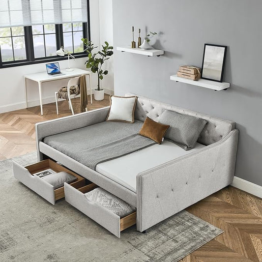 RITSU Queen Size Upholstered Tufted Daybed with Two Pull Out Drawers Sofa Bed, Button Polyester on Back, Waved Shape Arms for Bedroom, Living Room,No Need Boxing Spring, Beige, 85.50 - LeafyLoom