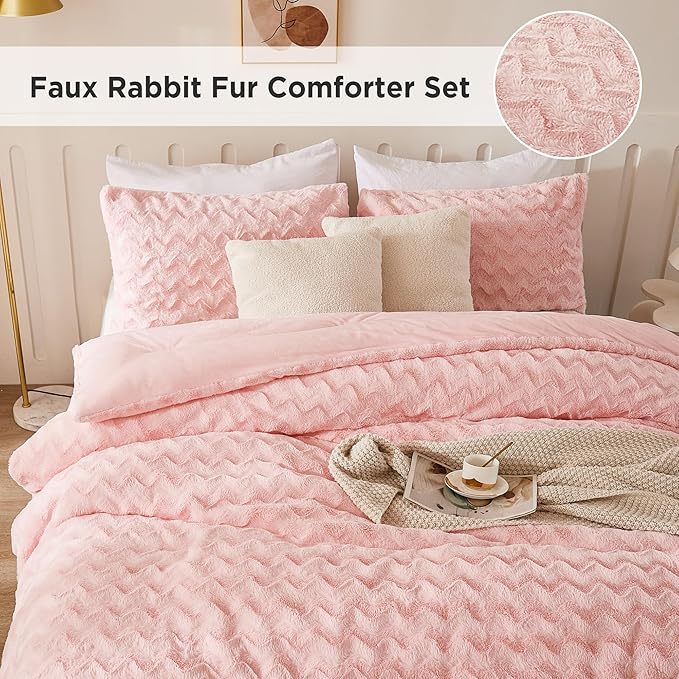 Andency Pink Fleece Comforter Set Queen Size, 3 Pieces Plush Shaggy Faux Fur Bed Comforter Set for Queen Bed, Fuzzy Fluffy Warm Bedding Set for Women Girls - LeafyLoom