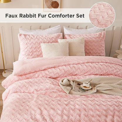 Andency Pink Fleece Comforter Set Queen Size, 3 Pieces Plush Shaggy Faux Fur Bed Comforter Set for Queen Bed, Fuzzy Fluffy Warm Bedding Set for Women Girls - LeafyLoom