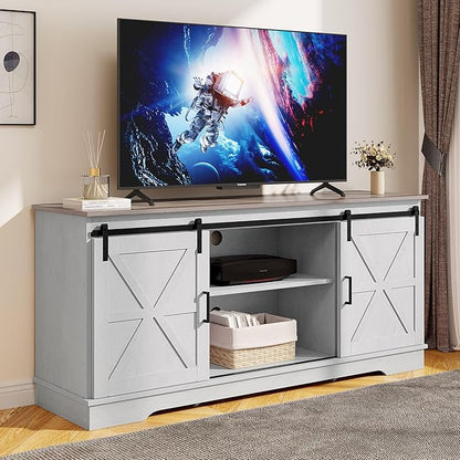 DWVO TV Cabinet for 65 Inch TV, Farmhouse TV Stand with Storage Cabinets and Sliding Barn Doors, Mid Century Modern Entertainment Center Media TV Console for Living Room, Grey White/Grey Wash - LeafyLoom