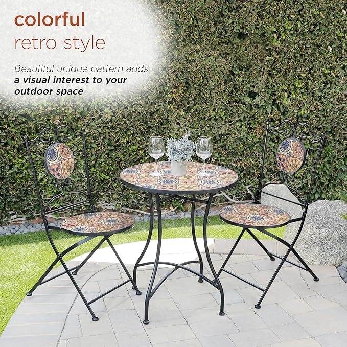 Alpine Corporation Indoor/Outdoor Mediterranean Tile Design Set Table and Chairs Patio Seating - LeafyLoom