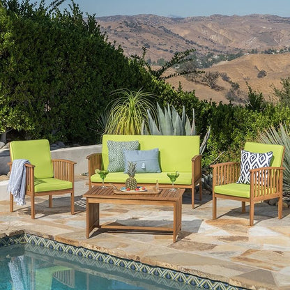 Christopher Knight Home Carolina Outdoor Acacia Wood Sofa Set with Water Resistant Cushions, 4-Pcs Set, Brown Patina / Light Green - LeafyLoom