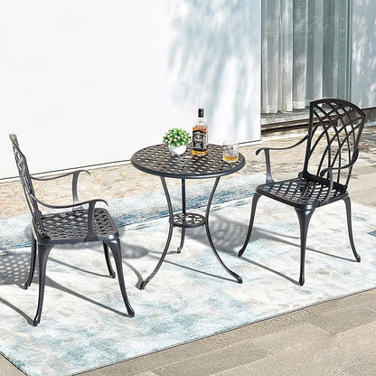 NUU GARDEN Patio Bistro Sets 3 Piece Cast Aluminum Bistro Table and Chairs Set with Umbrella Hole Bistro Set of 2 for Patio Backyard, Black - LeafyLoom