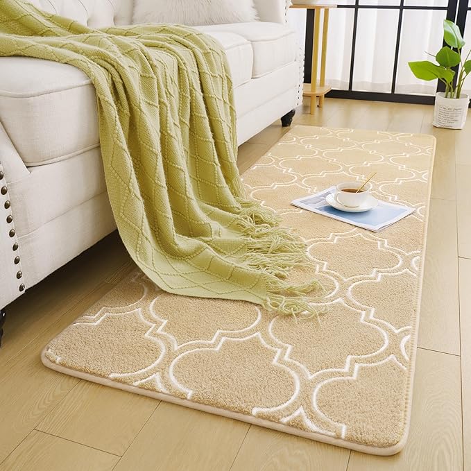 Chicrug Shag Geometric 2x6 Runner Rug for Bedroom, Modern Memory Foam Indoor Hallway Runner Carpet, Fluffy Rug for Living Room Bedside Room Decor for Family, Beige/White - LeafyLoom