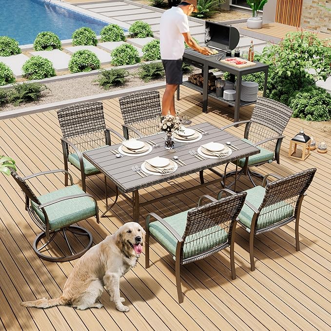 Pamapic 7 Piece Patio Dining Set for 6,Wicker Outdoor Furniture Set for Backyard Garden Deck Poolside with Iron Slats Table Top,4 Dining Chairs and 2 Swivel Rockers,Removable Cushions(Green) - LeafyLoom