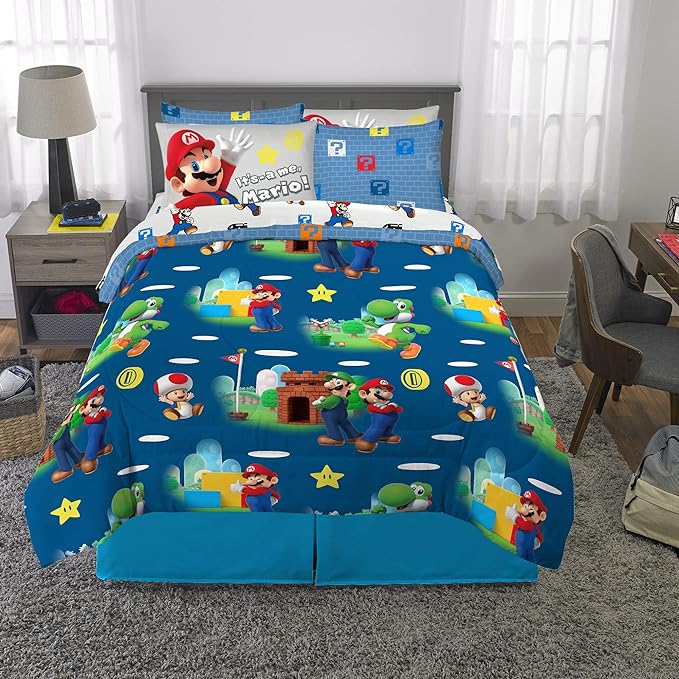 Franco Kids Bedding Super Soft Comforter and Sheet Set with Sham, 7 Piece Full Size, Mario - LeafyLoom