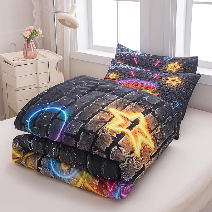 Boys Full Size Bedding Set, Gaming Comforter Sets for Boys, Gamer Bedding Sets for Boys Teens, Neon Kids Bedding Set, Gaming Room Decor for Boys Bedroom(1 Comforter +2 Pillowcases) - LeafyLoom