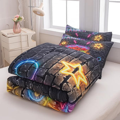 Boys Full Size Bedding Set, Gaming Comforter Sets for Boys, Gamer Bedding Sets for Boys Teens, Neon Kids Bedding Set, Gaming Room Decor for Boys Bedroom(1 Comforter +2 Pillowcases) - LeafyLoom