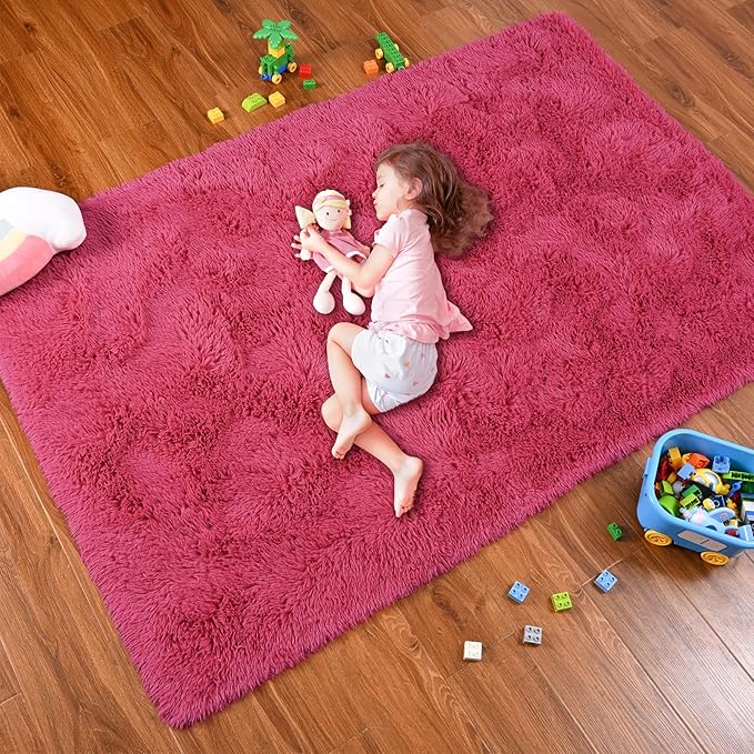 Softlife Rug for Bedroom 4x5.3 Feet Area Rug for Living Room Super Soft Shaggy Rugs for Kids Room Fluffy Fuzzy Carpets Long Plush Bedside Rug Nursery Christmas Home Decoration for Boys Girls, Rose Red - LeafyLoom