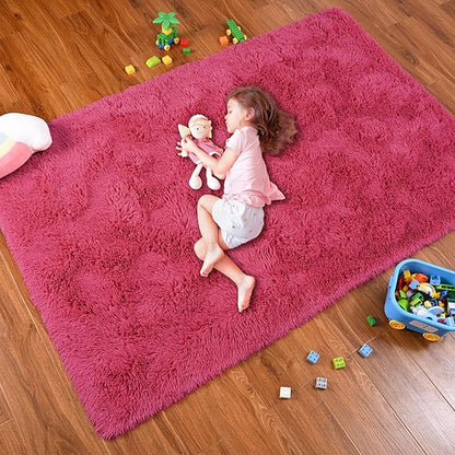 Softlife Rug for Bedroom 4x5.3 Feet Area Rug for Living Room Super Soft Shaggy Rugs for Kids Room Fluffy Fuzzy Carpets Long Plush Bedside Rug Nursery Christmas Home Decoration for Boys Girls, Rose Red - LeafyLoom