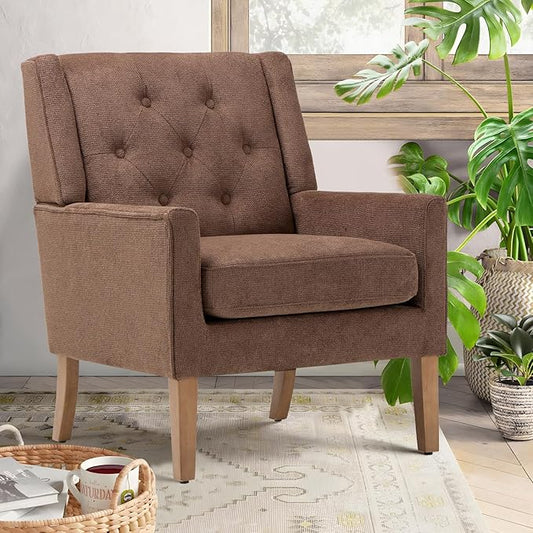 COLAMY Mid-Century Accent Chairs, Modern Wingback Living Room Chair, Upholstered Armchair with Button Tufted Back and Wood Legs for Bedroom/Office/Reading Spaces, Brown - LeafyLoom