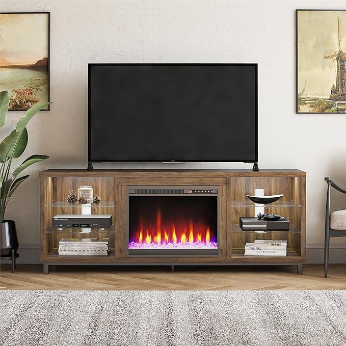 Ameriwood Home Lumina Fireplace TV Stand for TVs up to 70 Inch, Replaceable Electric Fireplace Insert Heater, Remote Control, Timer, Color Changing LED Lights, Crystal Ember Flames, Walnut - LeafyLoom