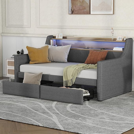 Twin Size Daybed with 2 Storage Drawers, Upholstered Day Bed Frame with Charging Station and LED Lights, Linen Sofa Beds for Living Room, Bedroom, Gray - LeafyLoom