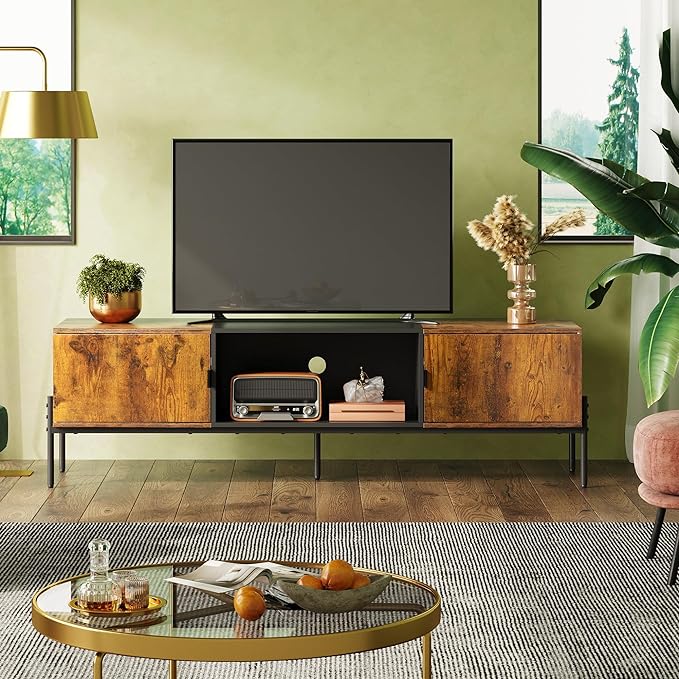 WLIVE Modern TV Stand for 65 Inch TV, Mid Century Entainment Center with Storage, TV Console with Open Shelf and 2 Cabinets for Bedroom and Living Room, TV Cabinet with Metal Legs, Rustic Brown - LeafyLoom