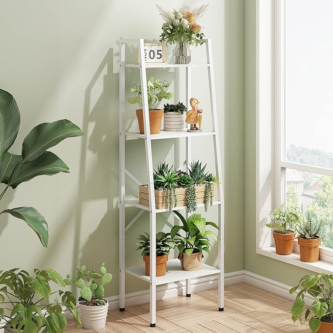 Hoctieon Ladder Shelf Bookcase, 4-Tier Ladder Bookshelf, Tall Bookshelf with Metal Frame, Industrial Bookshelf Ladder, for Living Room, Kitchen, Home Office, Bedroom, Simple Assembly, White - LeafyLoom