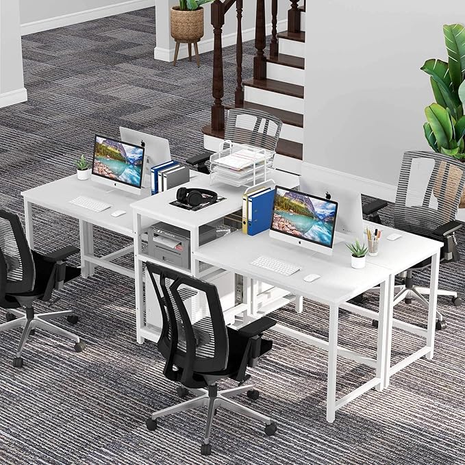 Tribesigns 96.9" Double Computer Desk with Printer Shelf, Extra Long Two Person Desk Workstation with Storage Shelves, Large Office Desk Study Writing Table for Home Office, White - LeafyLoom