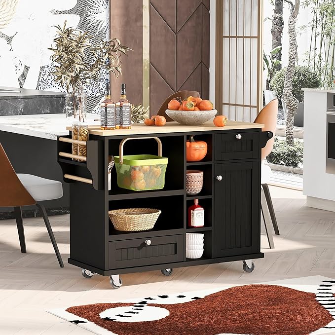 Kitchen Island with Storage, Rolling Table on Wheels Solid Wood Desktop, Microwave Cabinet, Floor Standing Buffet Server Sideboard for Dinning Room - LeafyLoom