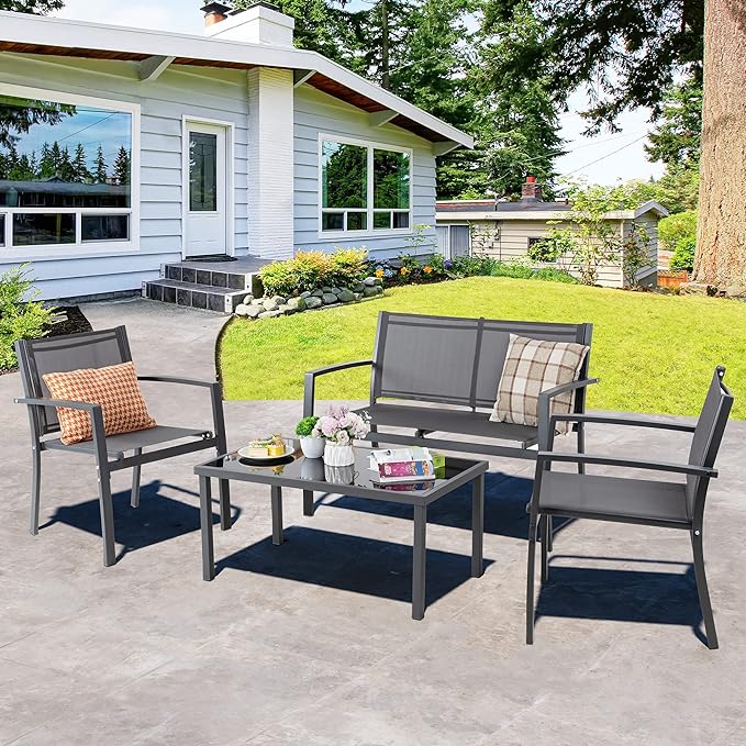 Shintenchi 4 Pieces Patio Furniture Set, Modern Design, Durable Steel Frame, Comfortable Textile Cushions, Easy to Move and Clean - LeafyLoom