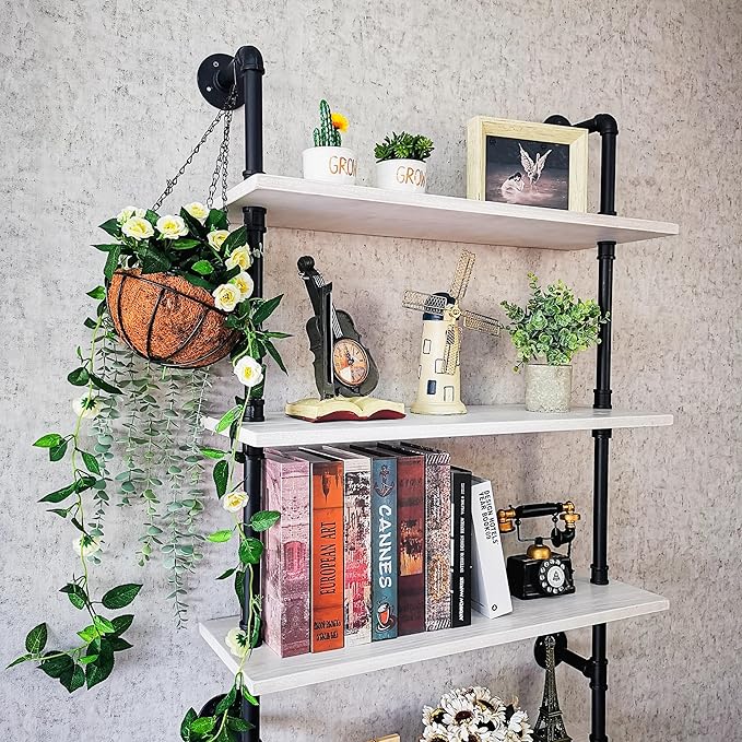 Pipe Shelves, Wall Mounted Wood Metal Industrial Shelves, Ladder Bookshelf for Living Room (White, 10" D x 30" W x 82.5" H) - LeafyLoom