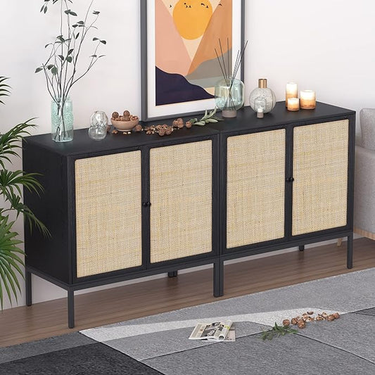 XIAO WEI Sideboard Cabinet with Handmade Natural Rattan Woven Doors, Rattan Cabinet Console Table Storage Credenza Buffet, for Kitchen, Living Room, Hallway, Entryway-2 Pieces(Black) - LeafyLoom